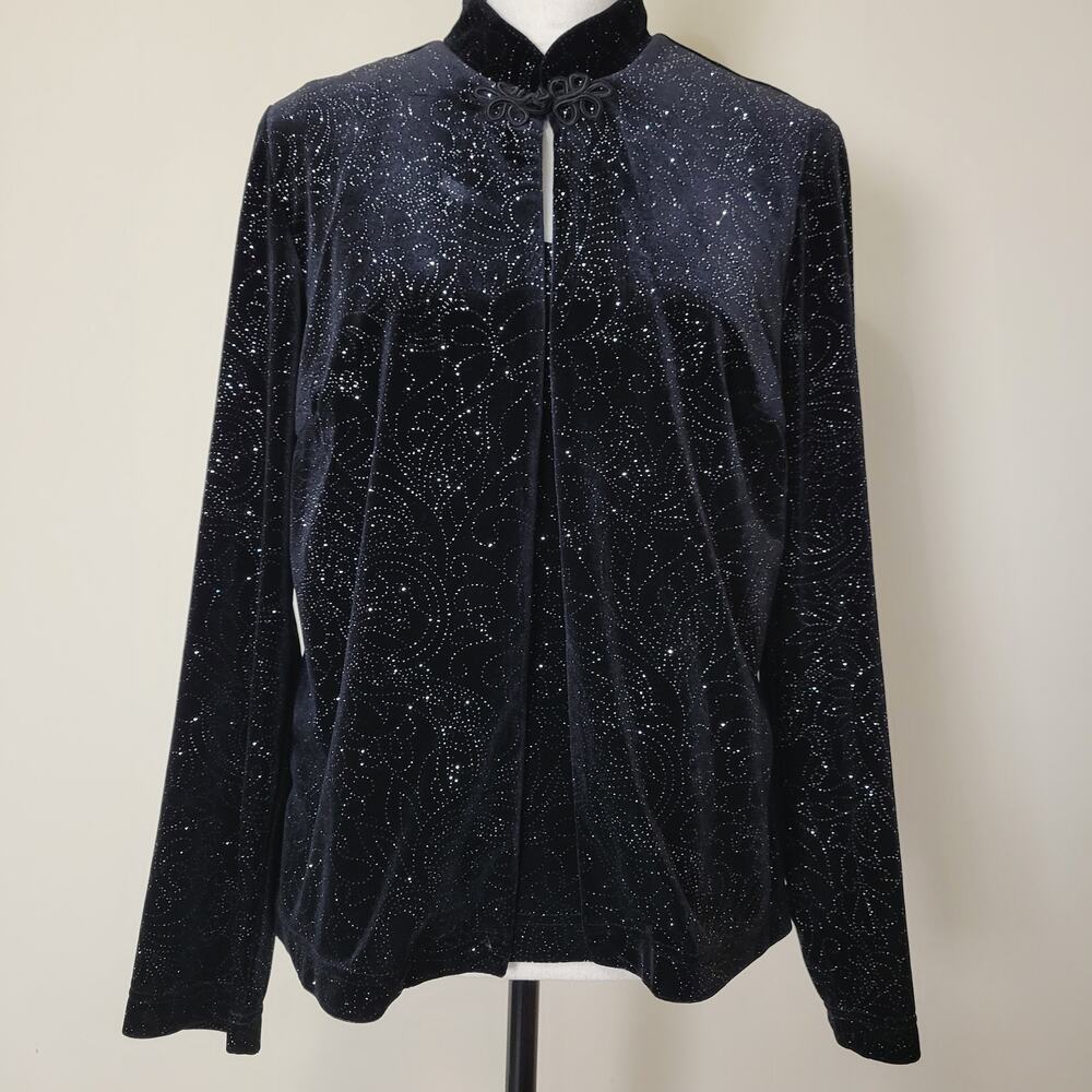 R&K Evening 12 Sparkly Velvet Faux 2 Pc Jacket Tank Long Sleeve Black Silver